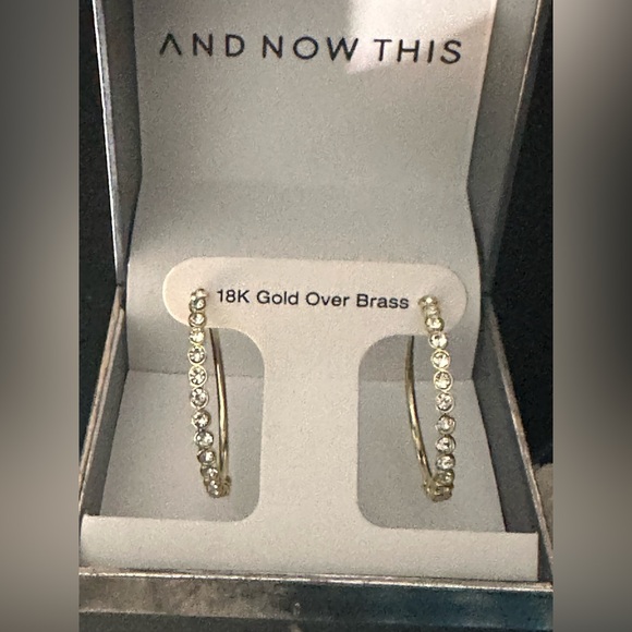 NWT And Now This High Polished Clear Crystal Duo C Hoop Earring Pair, Gold Plate - Picture 3 of 6